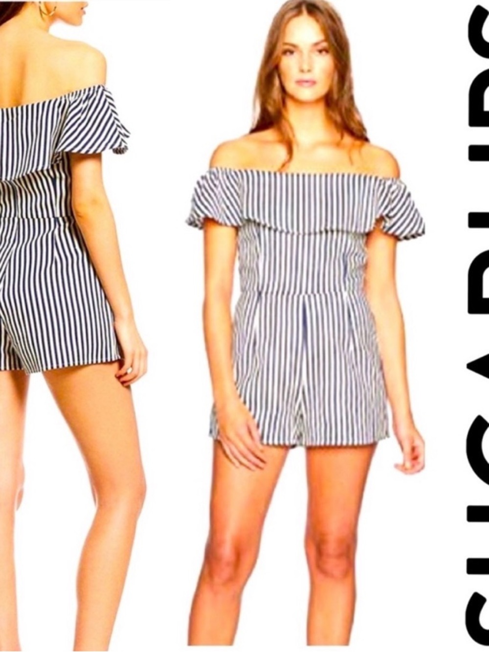 Striped Off-Shoulder Ruffle Romper - Black & White